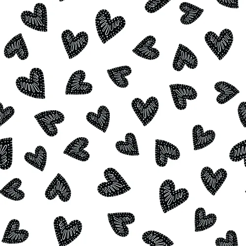 A seamless pattern of black textured hearts in varying sizes scattered randomly across a white background.