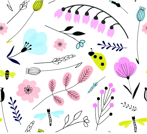A repeating pattern of delicate line-drawn flowers, leaves, bees, and ladybirds in pink, yellow, teal, and black on a cream background.