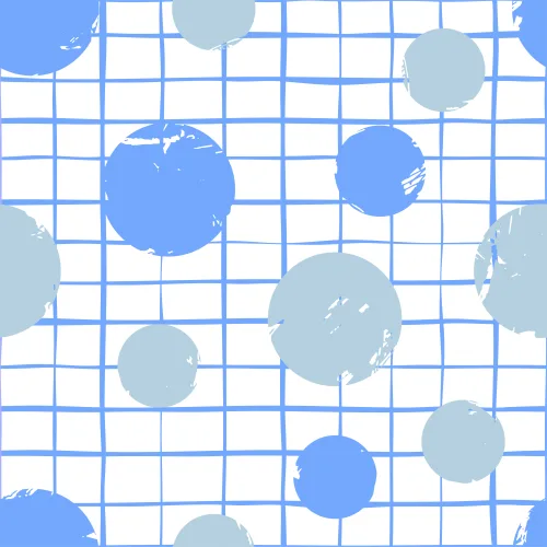 A seamless wallpaper pattern featuring blue and grey circles of different sizes scattered across a white background with a regular blue grid overlay.