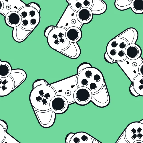 Repeating pattern of white and black line-drawn game controllers with d-pads and buttons scattered across a mint green background.