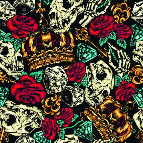 A repeating pattern of cream-coloured skulls, deep red roses, gold ornamental crowns, white dice, and decorative flourishes arranged densely across a black background.