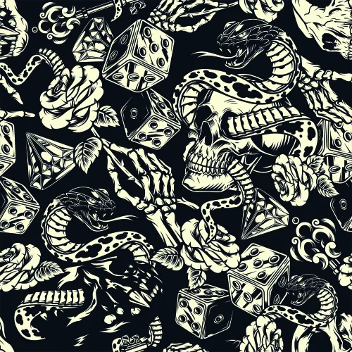 A seamless repeating pattern of cream-coloured skulls, roses, ornate baroque flourishes and dice scattered across a black background.