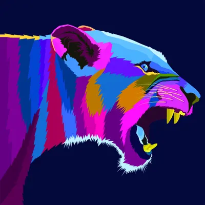 A stylised lion head with mouth open, painted in vibrant neon stripes of magenta, cyan, yellow and purple on a dark navy background.