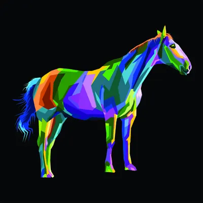 A stylised horse figure filled with bright geometric blocks of colour including yellow, blue, purple, green, orange and pink against a black background.