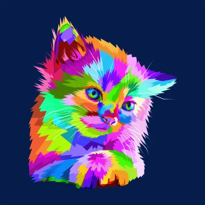 A cat's head rendered in brilliant neon colours including lime green, hot pink, cyan, orange and yellow against a navy blue background.