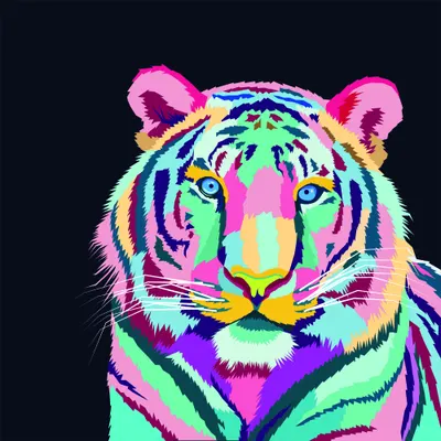 A tiger's head painted in fluorescent pink, green, cyan and purple with striking blue eyes on a dark navy background.