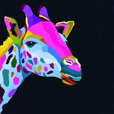 A stylised giraffe head filled with bright neon pink, blue, teal and yellow patches against a dark textured background.