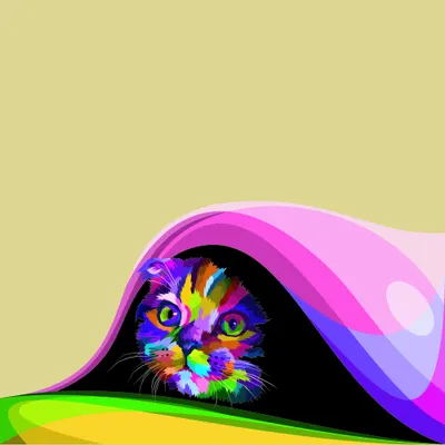 A multicoloured abstract cat face with bright rainbow markings peeks out from behind curved pink and purple waves against a pale yellow background.