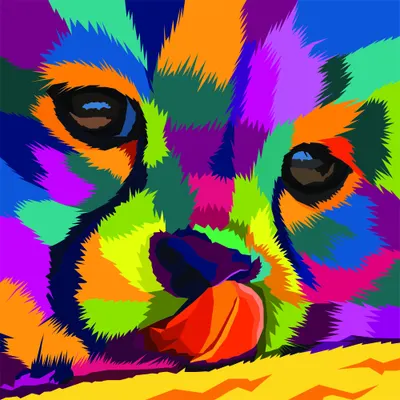 A cat's face painted in vibrant neon blocks of orange, green, purple, yellow and blue, with wide eyes and its tongue sticking out playfully.