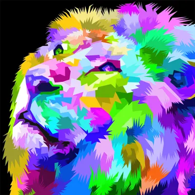 A lion's head rendered in vibrant overlapping brushstrokes of neon pink, electric blue, lime green, yellow and purple against a black background.