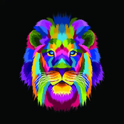A stylised lion's head against a black background, rendered in vivid neon colours including bright blue, magenta, yellow and lime green throughout the mane and face.