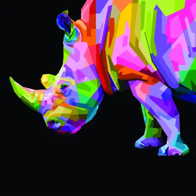 A geometric pop art illustration of a rhinoceros composed of overlapping colour blocks in neon pink, blue, yellow, green and purple against a black background.