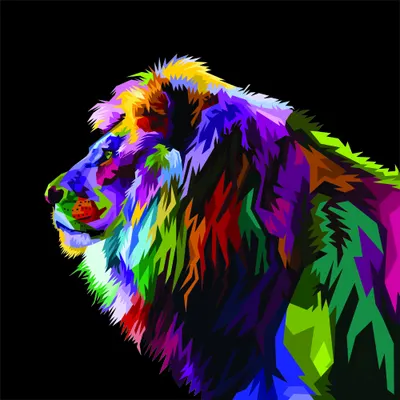 A lion's head in profile, rendered in vivid pop art style with bright multicoloured sections including purple, blue, yellow, green and red against a black background.