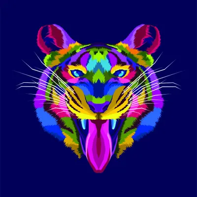 A symmetrical tiger face with bright neon pink, yellow, green, and blue markings against a dark navy background, with its tongue playfully sticking out.