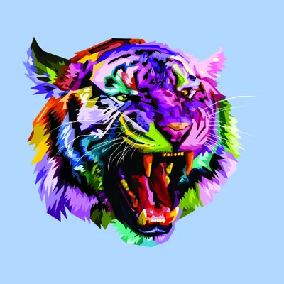 A stylised tiger head with open jaws, painted in bright neon colours including purple, pink, yellow, green and orange against a light blue background.