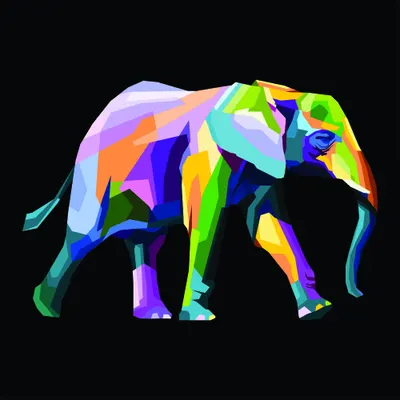 An abstract geometric elephant composed of angular shapes in bright neon colours including purple, blue, yellow, orange, and green against a black background.