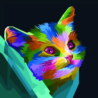 A pop art style portrait of a cat's face rendered in vibrant blocks of colour including purple, blue, green, orange and pink, with striking magenta eyes against a dark background.