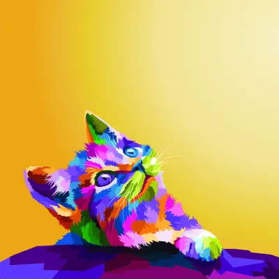 A multicoloured abstract cat face rendered in bright neon hues of pink, blue, green and orange, looking upward against a gradient yellow and purple background.