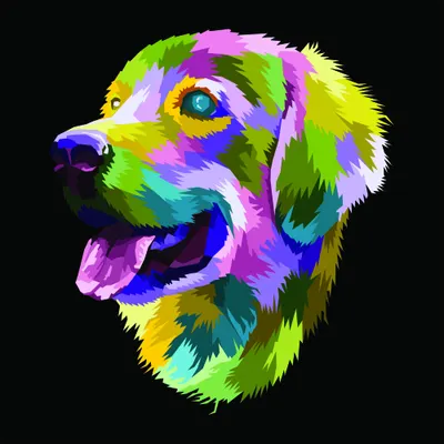 An abstract pop art portrait of a smiling dog with its head tilted, rendered in neon lime, purple, pink, blue, yellow and teal strokes against a black background.