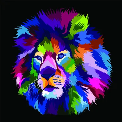 A lion's head with a thick mane filled with vibrant neon colours including pink, blue, green, orange and purple on a black background.
