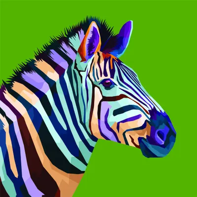 A zebra head in profile with neon-coloured stripes in purple, pink, orange and teal against a bright lime green background.