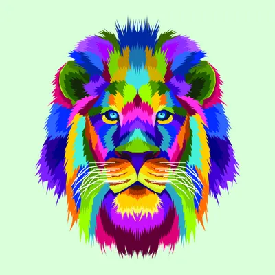 A stylised lion head with neon-bright fur in rainbow colours including magenta, blue, yellow and green, set against a pale green background.