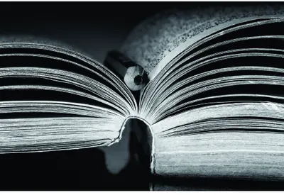 A silhouetted figure sits reading an open book against a dark background, with pages visible in sharp detail.