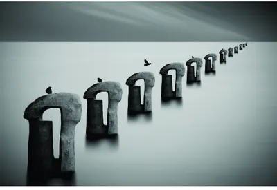 A black and white photograph showing a receding line of weathered stone pillars disappearing into fog, with a small bird perched on the top of each post.