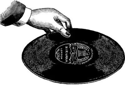 Black and white line art illustration of a hand in a shirt cuff lowering a vinyl record onto a spinning turntable.