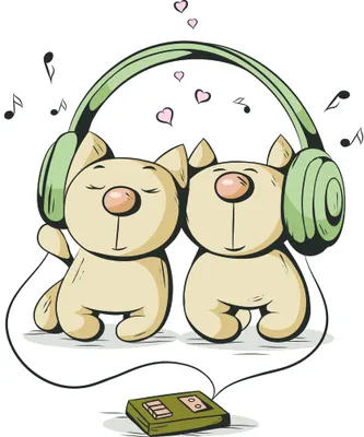 Illustration of two cream-coloured cats sitting side by side wearing matching green headphones, with hearts and musical notes floating around them above a connected music player.