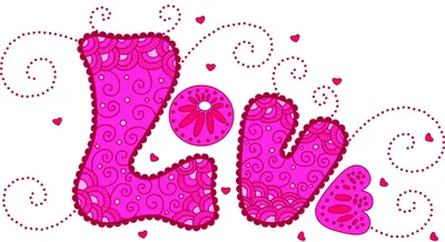 The word 'LOVE' rendered in large bubbly pink letters filled with decorative swirls and surrounded by small hearts and dotted circles.