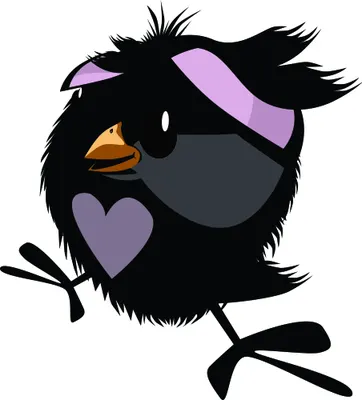 A cartoon black bird with spiky feathers wearing oversized sunglasses and a purple heart on its chest, standing with thin stick-like legs.