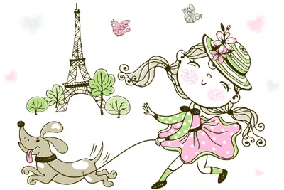 Line illustration of a girl in a pink dress dancing with a long dachshund, with an Eiffel Tower and butterflies in the background.
