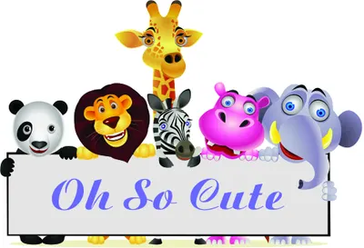 Five cartoon animals in bright colours stand behind a white banner that reads 'Oh So Cute' in blue script lettering.