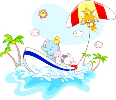 Cartoon illustration of an elephant, bird, and chick riding a red and white speedboat with a striped umbrella, with palm trees, clouds, and a smiling sun on a bright blue ocean.