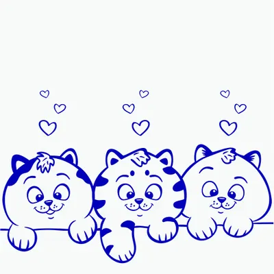 Line drawing of three blue cats sitting in a row with small hearts floating above each one against a white background.