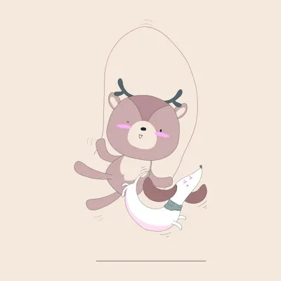 Illustration of a brown deer with pink cheeks and antlers jumping over a crescent moon against a cream background.