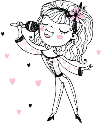 Line drawing of a smiling girl with long wavy hair and a pink flower in her hair, holding a microphone and striking a joyful pose, surrounded by scattered hearts in black and pink.