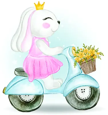 Watercolour illustration of a white rabbit wearing a pink tutu and gold crown, riding a light blue scooter with a woven basket of yellow flowers.