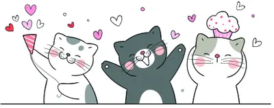 An illustration of three cartoon cats with raised paws surrounded by pink hearts and confetti against a white background.