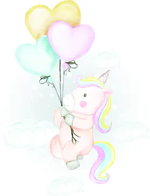 A watercolour-style illustration of a pink unicorn with a rainbow mane holding three pastel heart-shaped balloons among soft clouds.