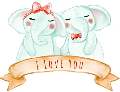 Watercolour illustration of two pale green elephants with pink bows touching trunks, with a tan banner reading 'I LOVE YOU' below them.