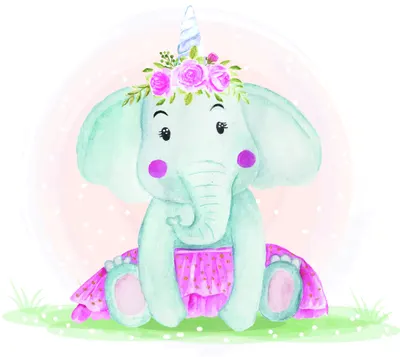 Watercolour illustration of a pale green baby elephant with magenta flowers on its head, sitting on grass with a pink outfit.