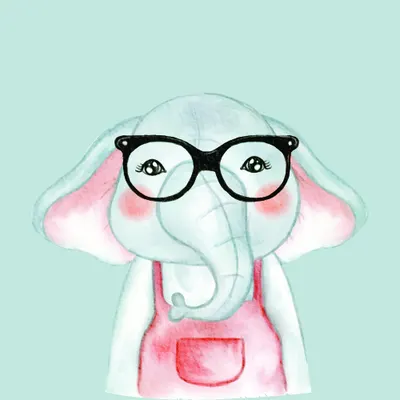 A watercolour-style illustration of a young elephant wearing oversized black-framed glasses and a pink dress with a pocket, set against a soft turquoise background.