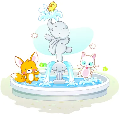 An illustration of a young elephant spraying water from its trunk in a circular fountain, surrounded by a fox, pink kitten, and yellow butterfly.