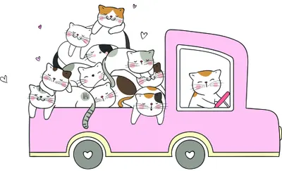 Illustration of multiple playful cats climbing in and around a bright pink truck with grey wheels and heart details.