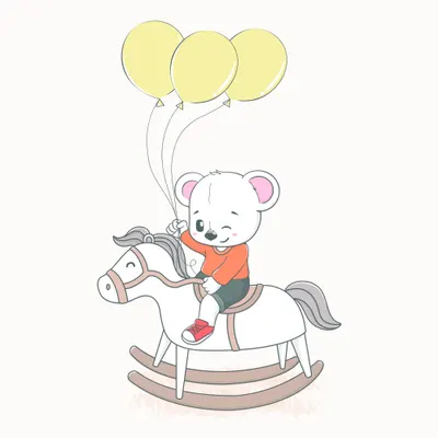 Illustration of a small white mouse with pink ears, wearing an orange shirt, sitting on a white and brown wooden rocking horse and holding three yellow balloons on strings.