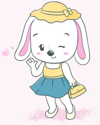 An illustrated white bunny with pink ears wearing a yellow hat and blue skirt, smiling and carrying a small yellow bag.