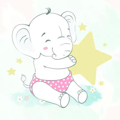 A line-drawn baby elephant in pink polka-dot nappy hugs a large yellow star, surrounded by smaller stars and soft watercolour clouds in pastel tones.