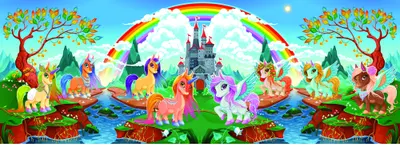 Illustration of colourful cartoon ponies playing in a landscape with a castle, rainbow, trees, and stream.